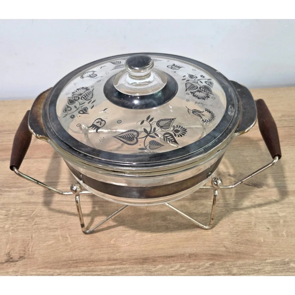 Vintage Fire King Georges Briard Silver 2 Qt Lidded Casserole Dish Candle Warmer